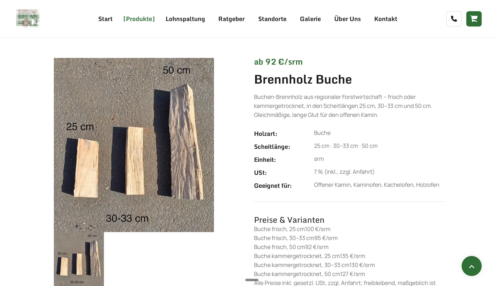 Brennholz-Onlineshop — Produktdetailseite